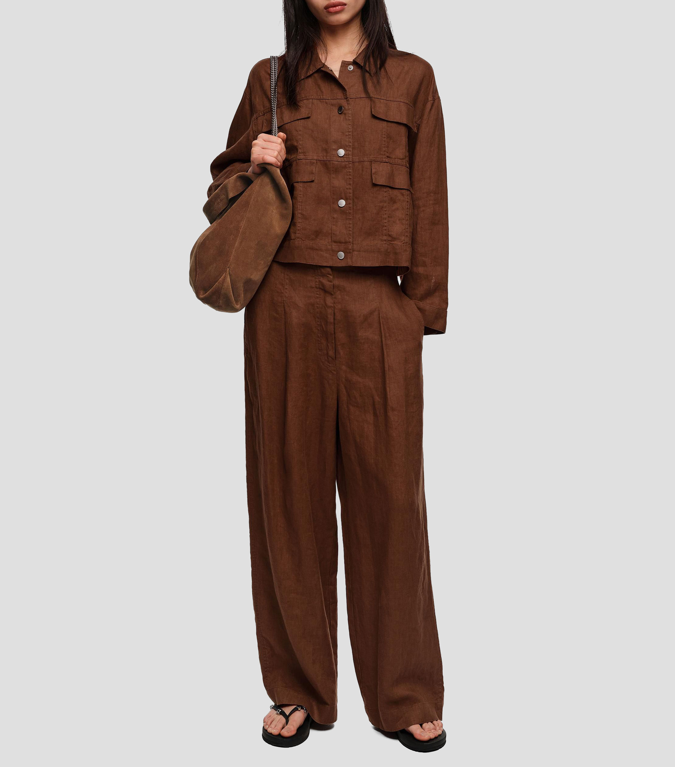 Chamarra boxy lino café Mujer